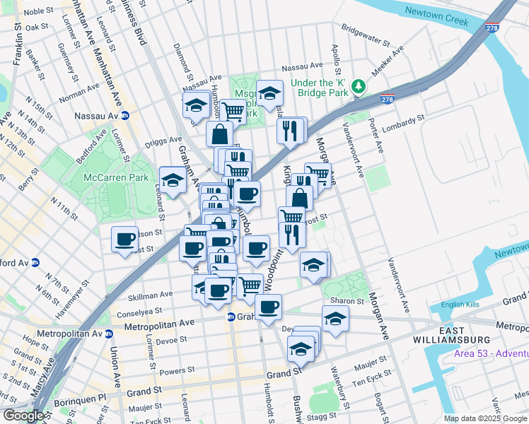 map of restaurants, bars, coffee shops, grocery stores, and more near 4 North Henry Street in Brooklyn