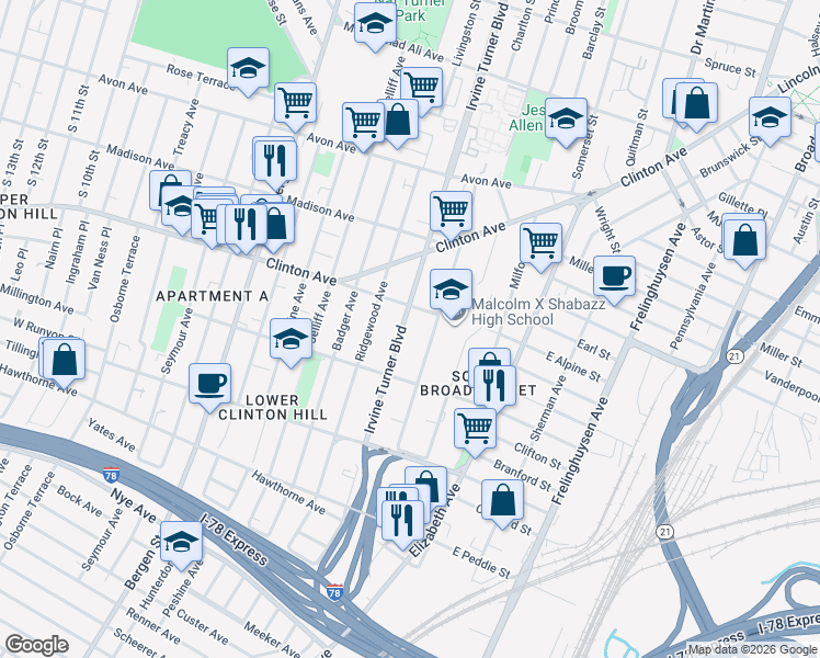 map of restaurants, bars, coffee shops, grocery stores, and more near 433 Irvine Turner Boulevard in Newark