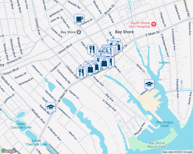 map of restaurants, bars, coffee shops, grocery stores, and more near 9 Ocean Avenue in Bay Shore