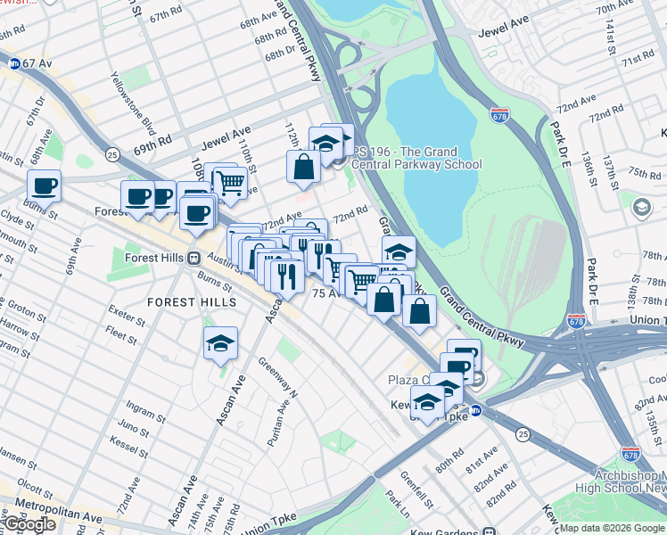 map of restaurants, bars, coffee shops, grocery stores, and more near in Queens
