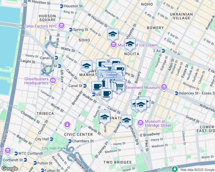 map of restaurants, bars, coffee shops, grocery stores, and more near 142 Mulberry Street in New York