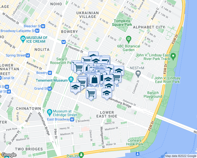 map of restaurants, bars, coffee shops, grocery stores, and more near 150 Rivington Street in New York