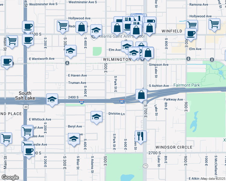 map of restaurants, bars, coffee shops, grocery stores, and more near 532 Driggs Avenue South in Salt Lake City