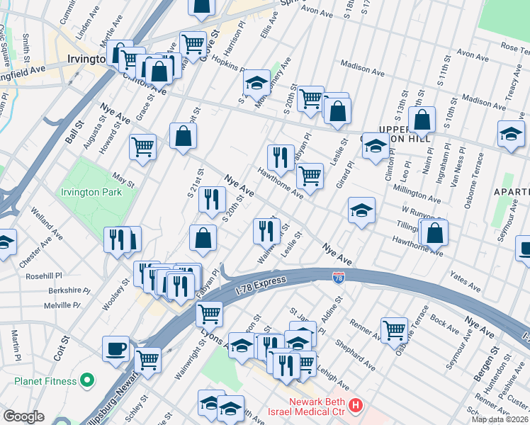 map of restaurants, bars, coffee shops, grocery stores, and more near 138 Fabyan Place in Newark