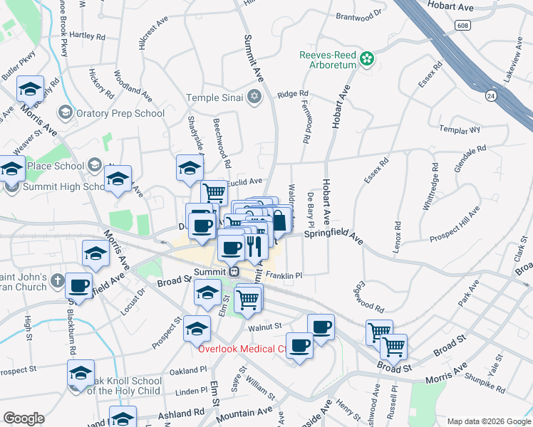 map of restaurants, bars, coffee shops, grocery stores, and more near 123 Summit Avenue in Summit