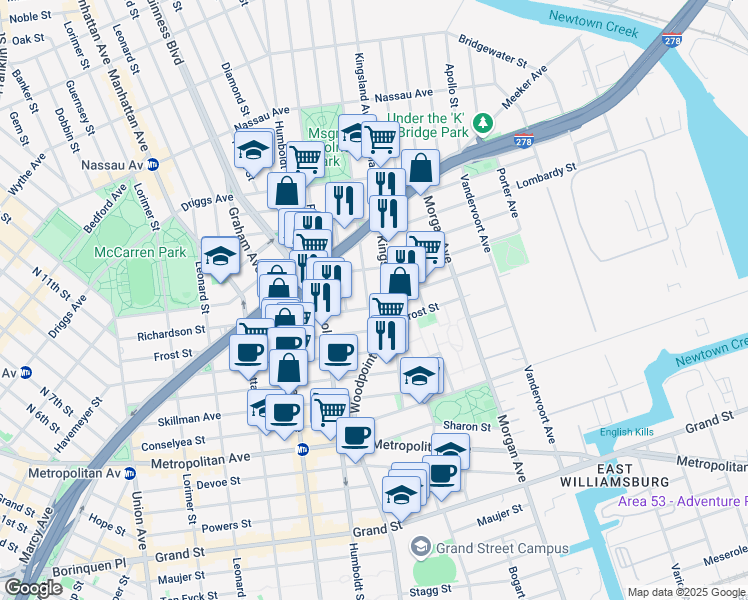 map of restaurants, bars, coffee shops, grocery stores, and more near 252 Richardson Street in Brooklyn