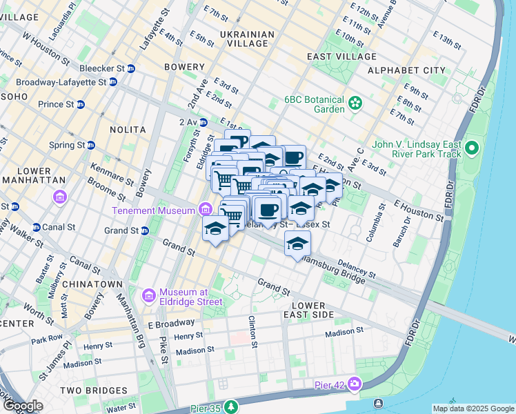 map of restaurants, bars, coffee shops, grocery stores, and more near 107 Suffolk Street in New York