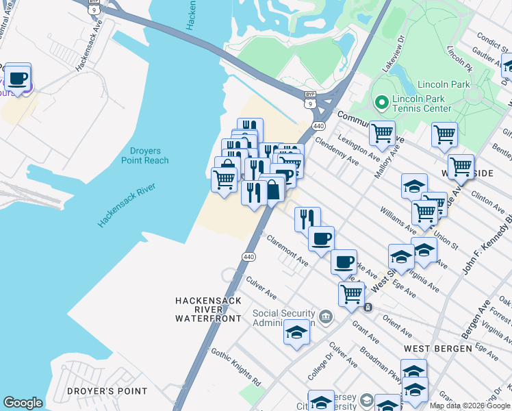 map of restaurants, bars, coffee shops, grocery stores, and more near 701 New Jersey 440 in Jersey City