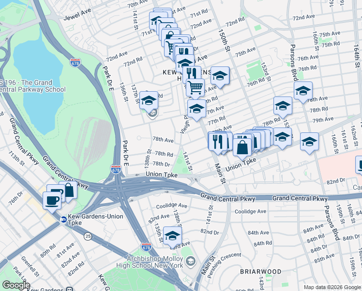 map of restaurants, bars, coffee shops, grocery stores, and more near 78-05 141st Street in Queens