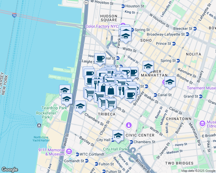 map of restaurants, bars, coffee shops, grocery stores, and more near in New York