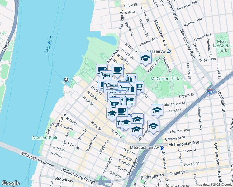 map of restaurants, bars, coffee shops, grocery stores, and more near 91 Berry Street in Brooklyn