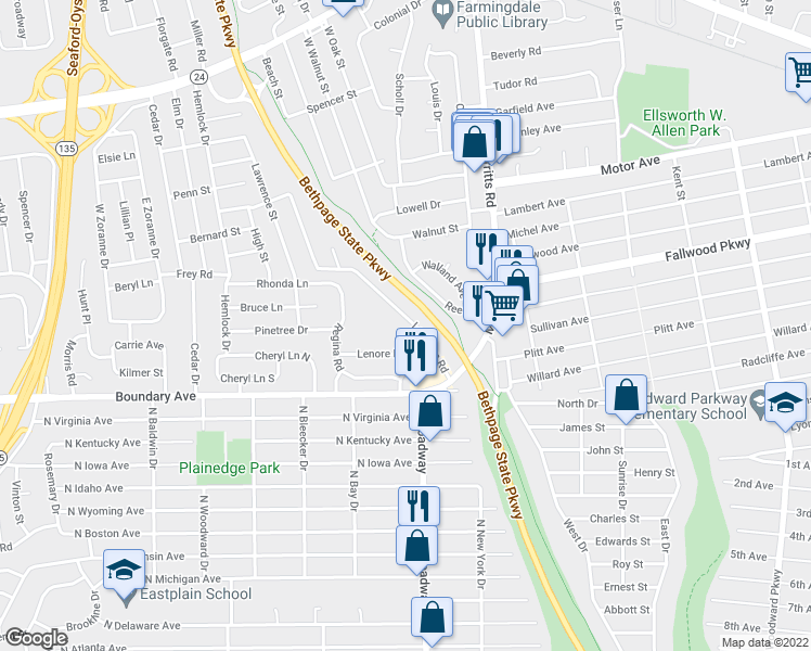 map of restaurants, bars, coffee shops, grocery stores, and more near 40 Langdon Road in Farmingdale