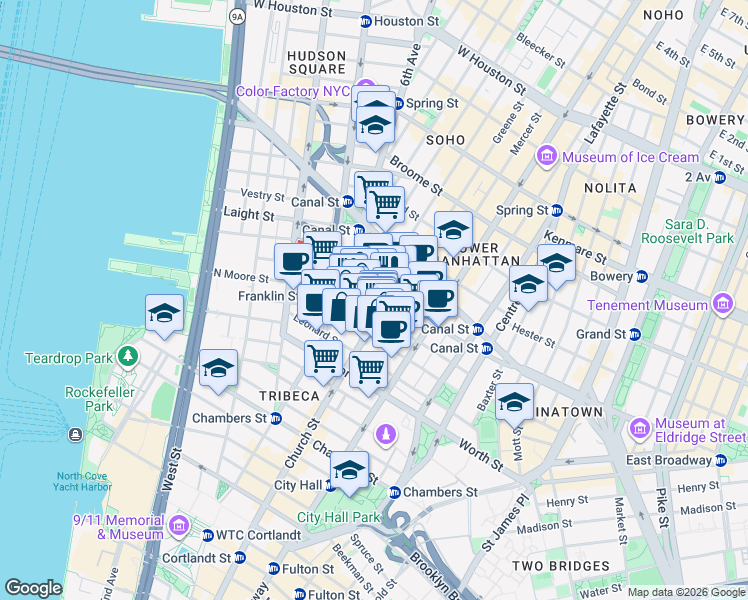 map of restaurants, bars, coffee shops, grocery stores, and more near 2 Avenue of the Americas in New York