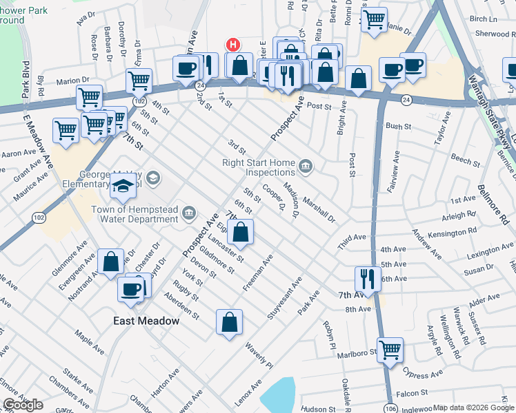 map of restaurants, bars, coffee shops, grocery stores, and more near 2045 Dewolfe Place in East Meadow