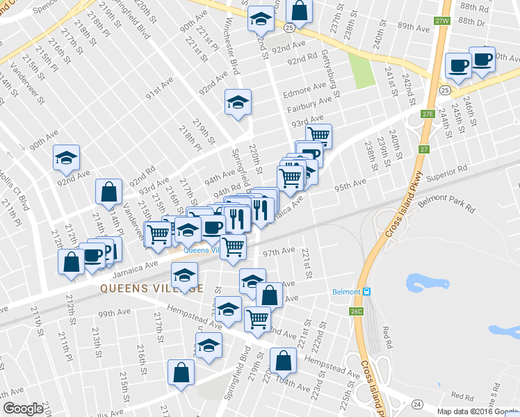 map of restaurants, bars, coffee shops, grocery stores, and more near 94-76 Springfield Boulevard in Queens