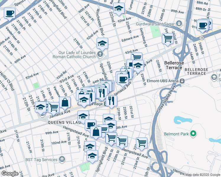 map of restaurants, bars, coffee shops, grocery stores, and more near 94-76 Springfield Boulevard in Queens