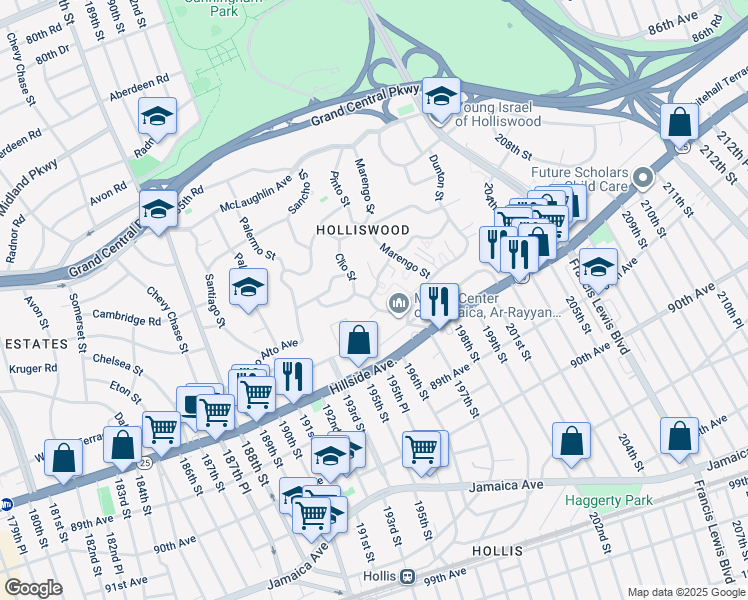 map of restaurants, bars, coffee shops, grocery stores, and more near 194-05 87th Road in Queens
