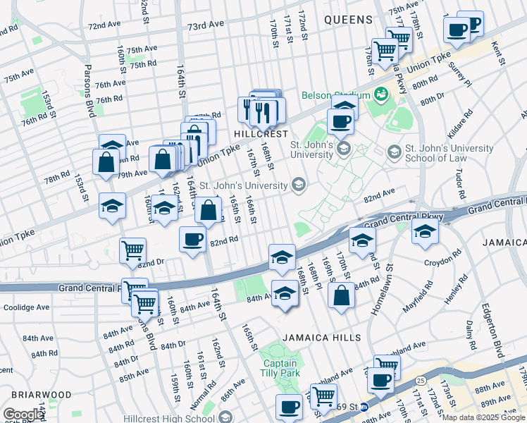 map of restaurants, bars, coffee shops, grocery stores, and more near 82-26 167th Street in Queens