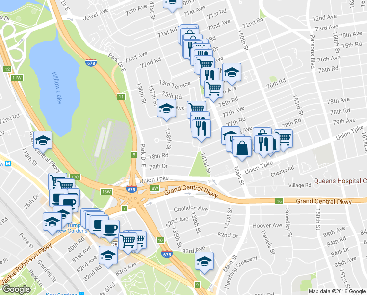 map of restaurants, bars, coffee shops, grocery stores, and more near 138-21 78th Road in Queens