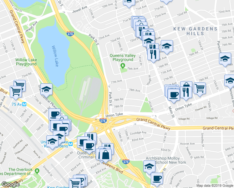 map of restaurants, bars, coffee shops, grocery stores, and more near 135-37 78th Road in Queens