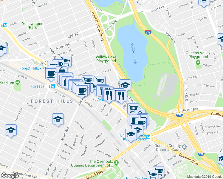 map of restaurants, bars, coffee shops, grocery stores, and more near 7502 113th Street in Queens