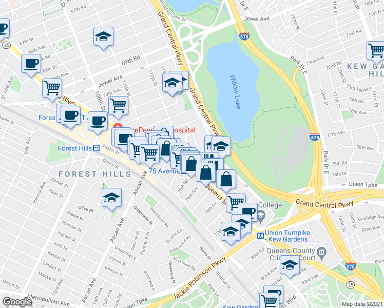 map of restaurants, bars, coffee shops, grocery stores, and more near 7502 113th Street in Queens