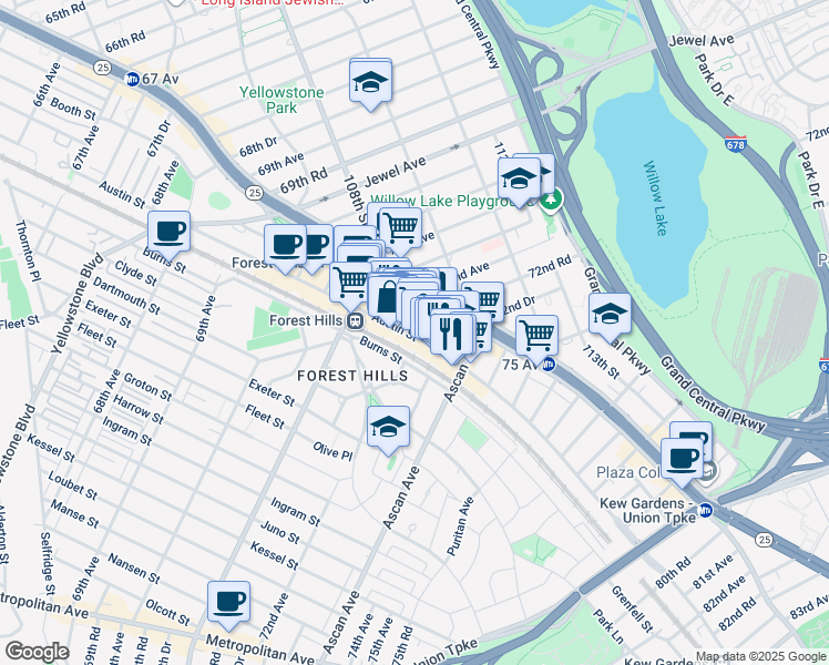 map of restaurants, bars, coffee shops, grocery stores, and more near 108-02 Austin Street in Queens