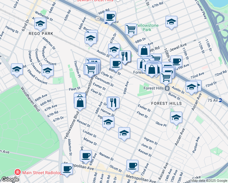 map of restaurants, bars, coffee shops, grocery stores, and more near 68-24 Exeter Street in Queens