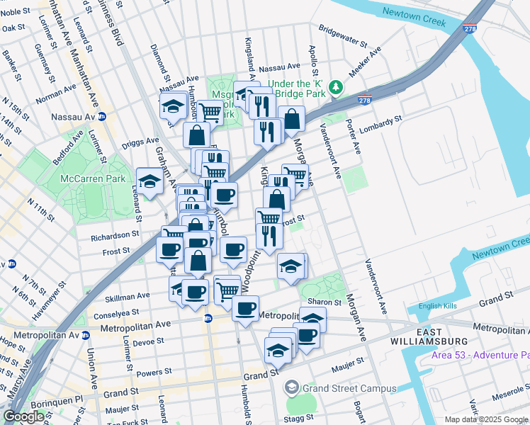 map of restaurants, bars, coffee shops, grocery stores, and more near 252 Richardson Street in Brooklyn