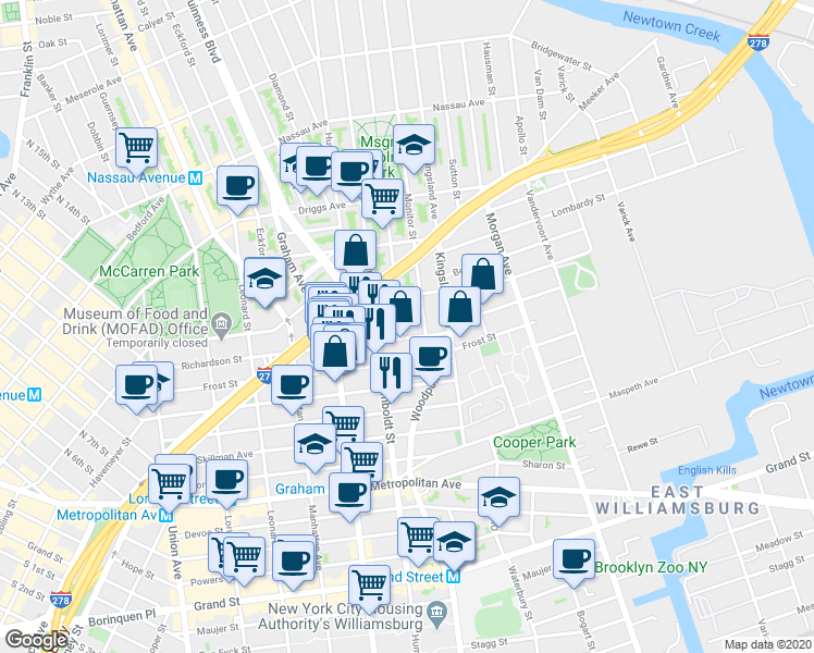 map of restaurants, bars, coffee shops, grocery stores, and more near 216 Richardson Street in Brooklyn
