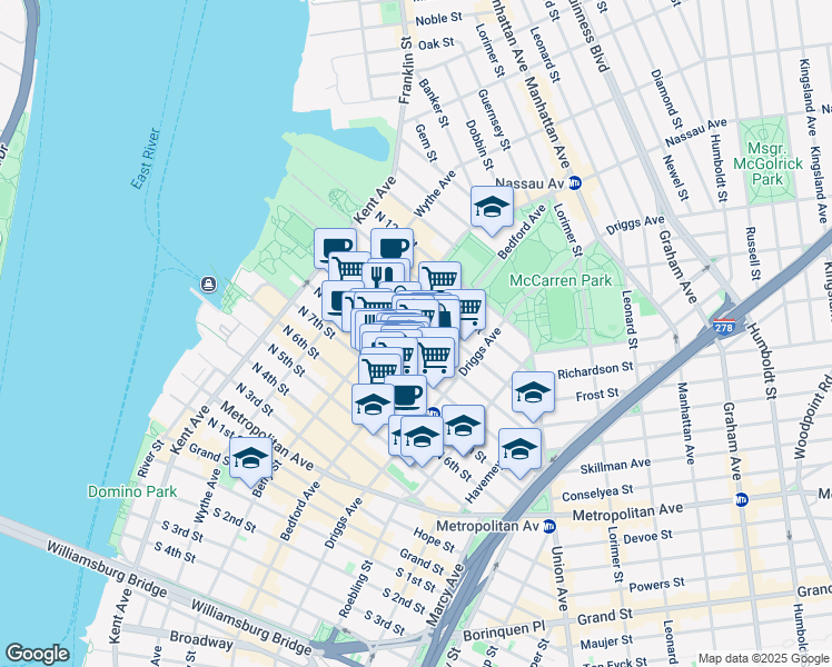 map of restaurants, bars, coffee shops, grocery stores, and more near 141 North 8th Street in Brooklyn