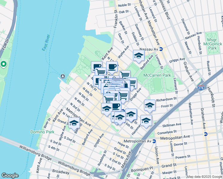 map of restaurants, bars, coffee shops, grocery stores, and more near 141 North 8th Street in Brooklyn