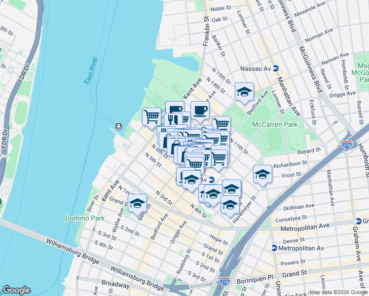 map of restaurants, bars, coffee shops, grocery stores, and more near in Brooklyn