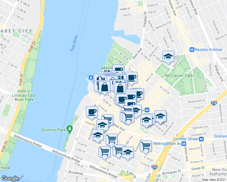 map of restaurants, bars, coffee shops, grocery stores, and more near 55 North 5th Street in Brooklyn