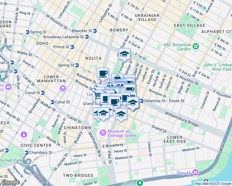 map of restaurants, bars, coffee shops, grocery stores, and more near 139 Eldridge Street in New York