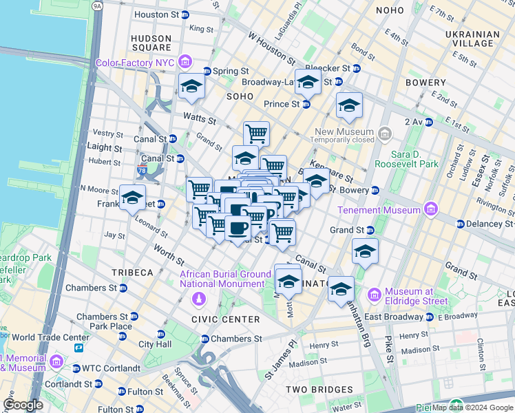 map of restaurants, bars, coffee shops, grocery stores, and more near in New York