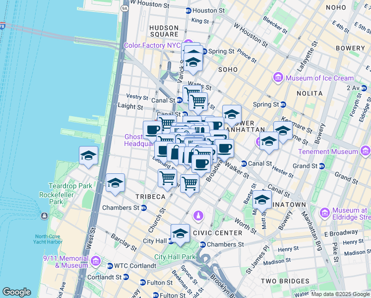 map of restaurants, bars, coffee shops, grocery stores, and more near 273 Church Street in New York