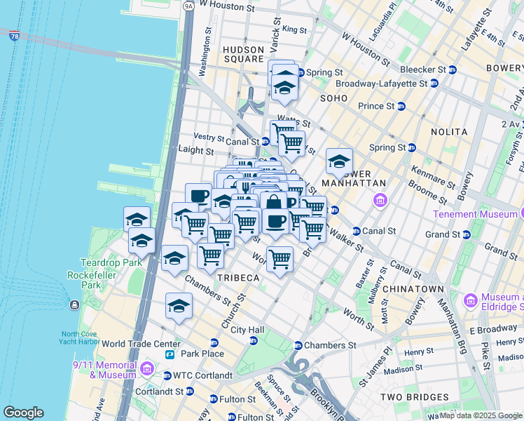 map of restaurants, bars, coffee shops, grocery stores, and more near in New York