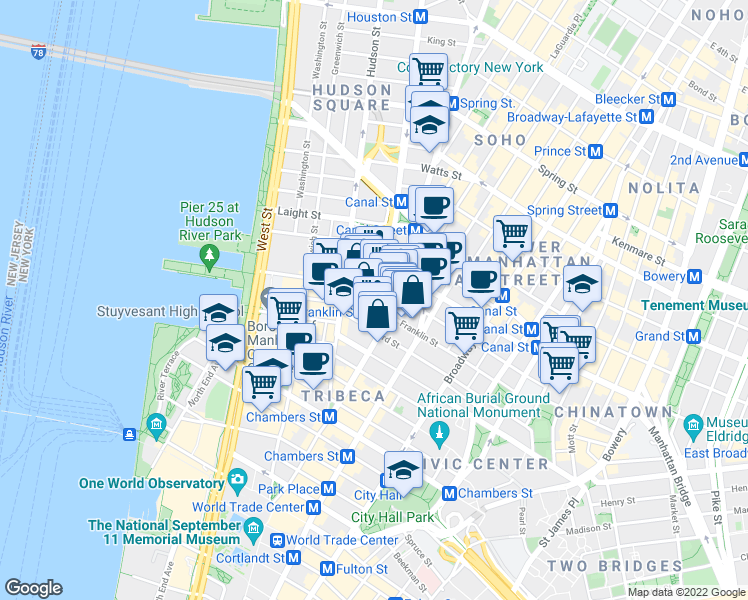 map of restaurants, bars, coffee shops, grocery stores, and more near in New York