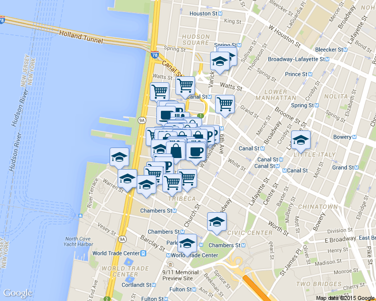 map of restaurants, bars, coffee shops, grocery stores, and more near 162 Franklin Street in New York