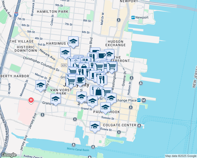 map of restaurants, bars, coffee shops, grocery stores, and more near 68 Christopher Columbus Drive in Jersey City