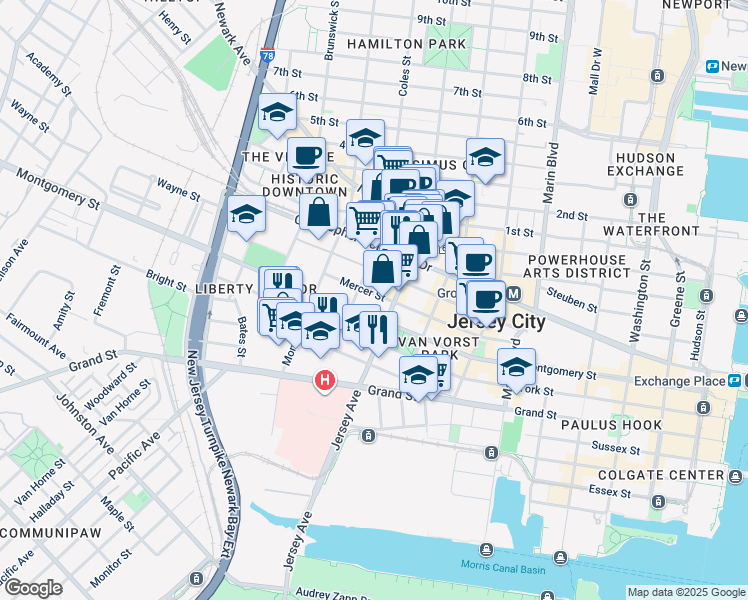 map of restaurants, bars, coffee shops, grocery stores, and more near 304 Varick Street in Jersey City