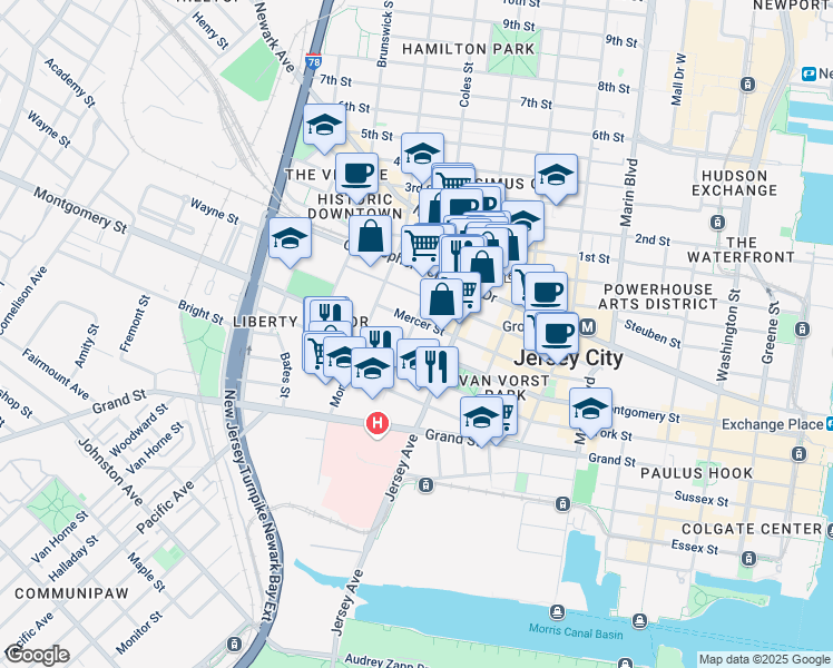 map of restaurants, bars, coffee shops, grocery stores, and more near 304 Varick Street in Jersey City