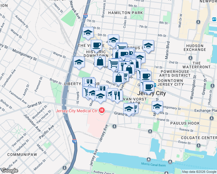 map of restaurants, bars, coffee shops, grocery stores, and more near 304 Varick Street in Jersey City