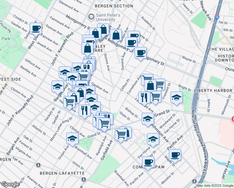 map of restaurants, bars, coffee shops, grocery stores, and more near 110 Summit Avenue in Jersey City