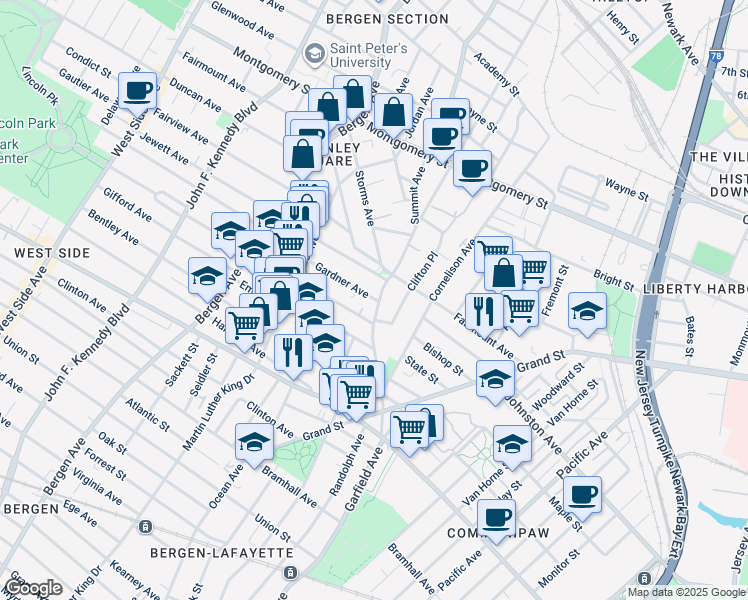 map of restaurants, bars, coffee shops, grocery stores, and more near 110 Summit Avenue in Jersey City