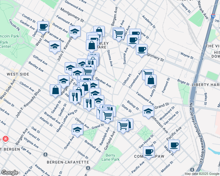map of restaurants, bars, coffee shops, grocery stores, and more near 21 Belmont Avenue in Jersey City