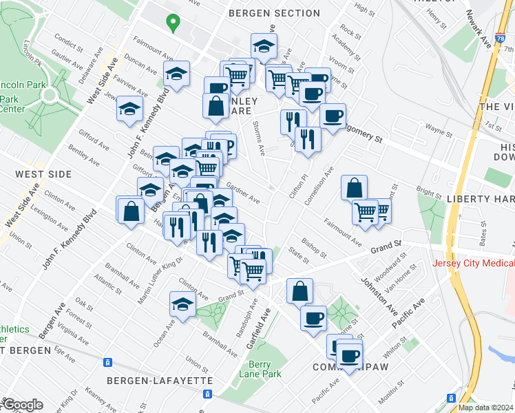 map of restaurants, bars, coffee shops, grocery stores, and more near 21 Belmont Avenue in Jersey City
