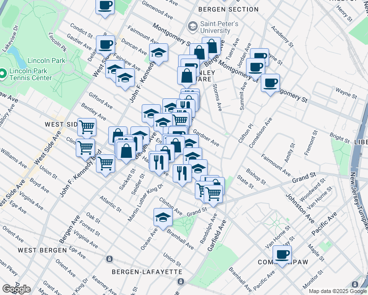 map of restaurants, bars, coffee shops, grocery stores, and more near in Jersey City