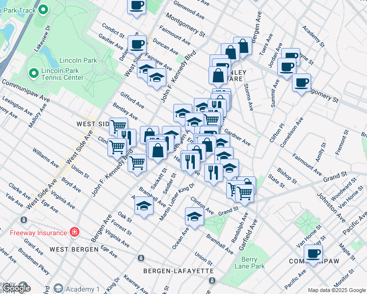 map of restaurants, bars, coffee shops, grocery stores, and more near 60 Brinkerhoff Street in Jersey City